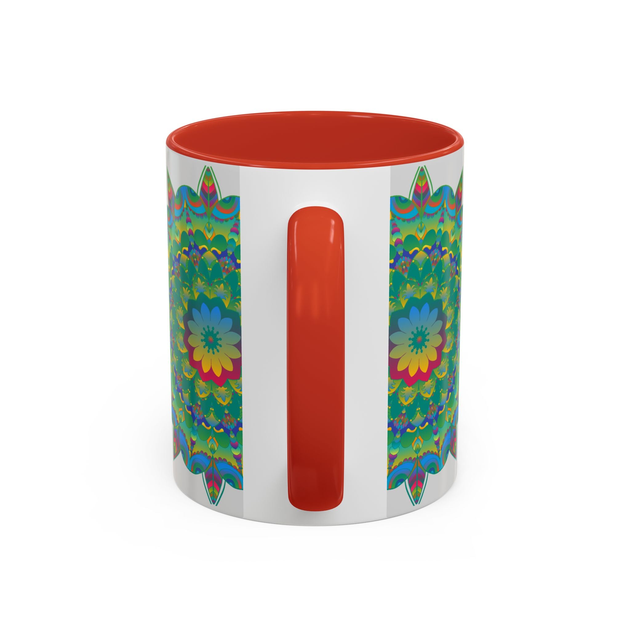 Colorful floral mandala art design mug, perfect for sipping your favorite hot beverage