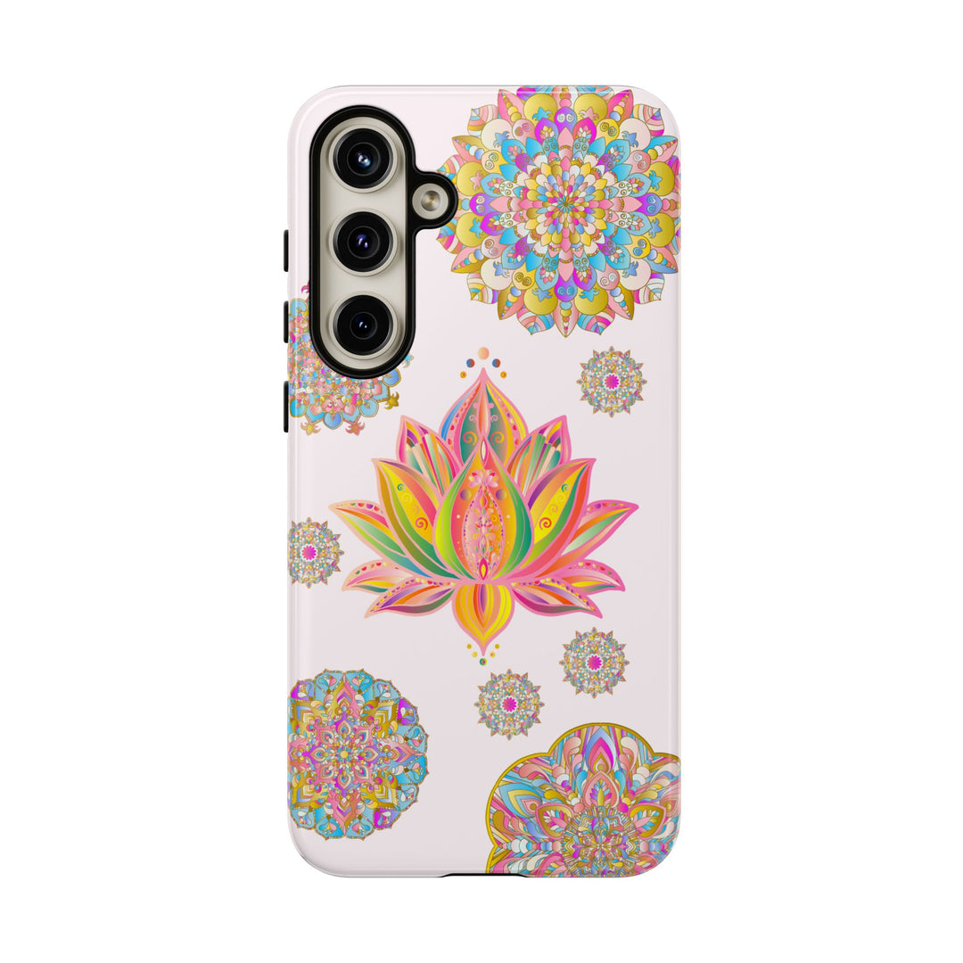 Beautiful light pink phone case with intricate mandala lotus flower design