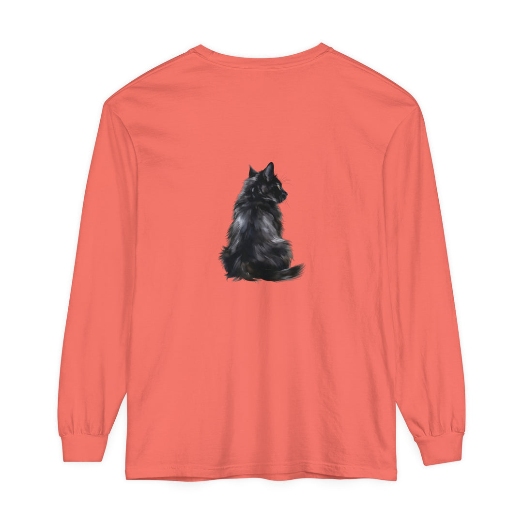 Black Cat Mystique Long Sleeve T-Shirt - Women's Halloween Graphic Tee with Intricate Cat Design on a Soft Black Cotton Shirt