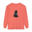 Black Cat Mystique Long Sleeve T-Shirt - Women's Halloween Graphic Tee with Intricate Cat Design on a Soft Black Cotton Shirt