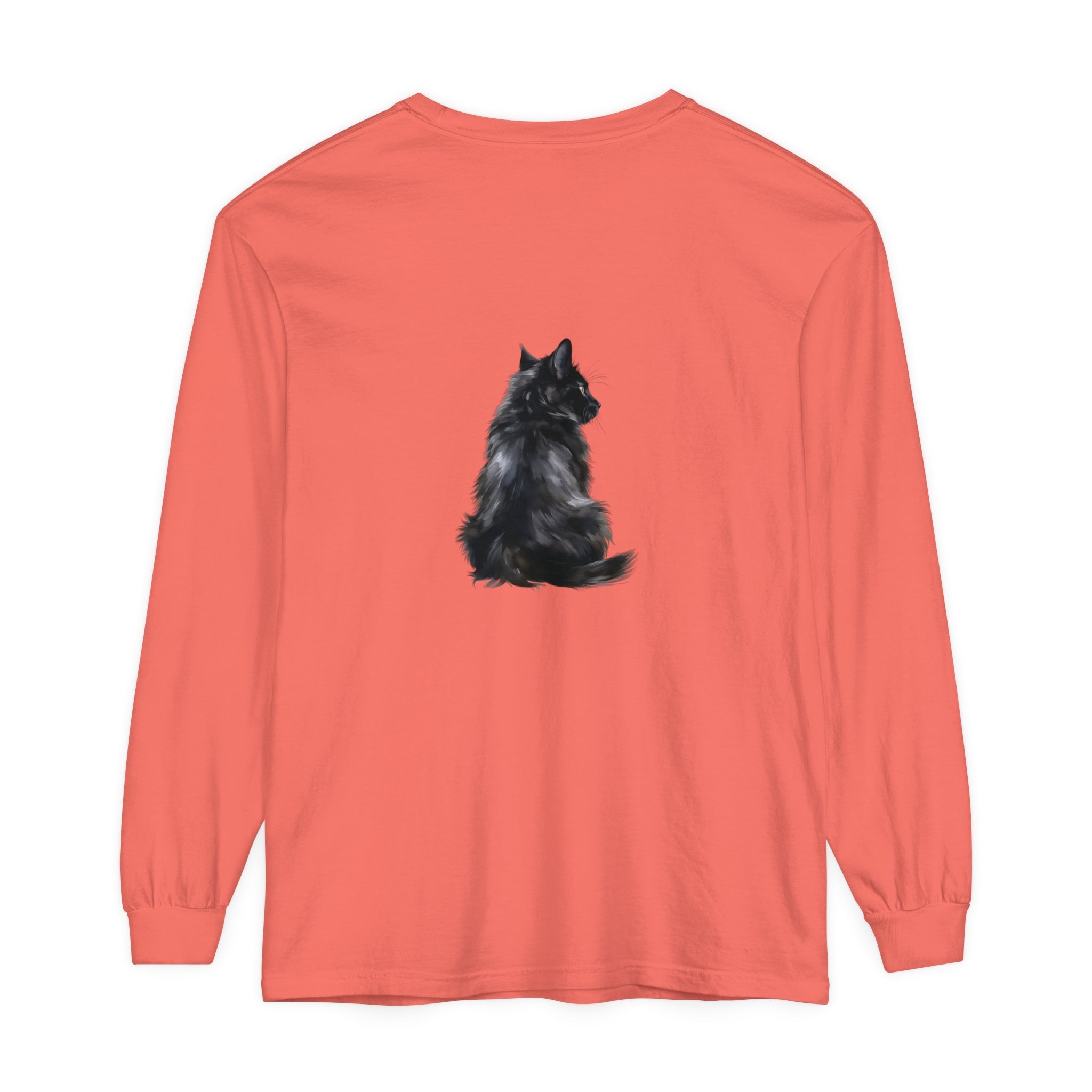 Black Cat Mystique Long Sleeve T-Shirt - Women's Halloween Graphic Tee with Intricate Cat Design on a Soft Black Cotton Shirt