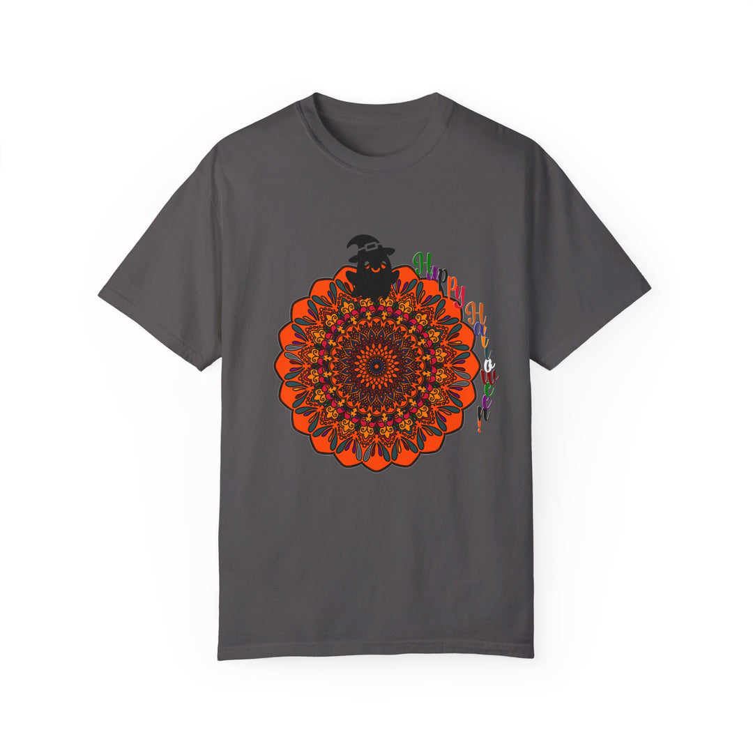 Halloween Mandala T-shirt Unisex with Handmade Pumpkin Mandala Art on Garment-Dyed Tee