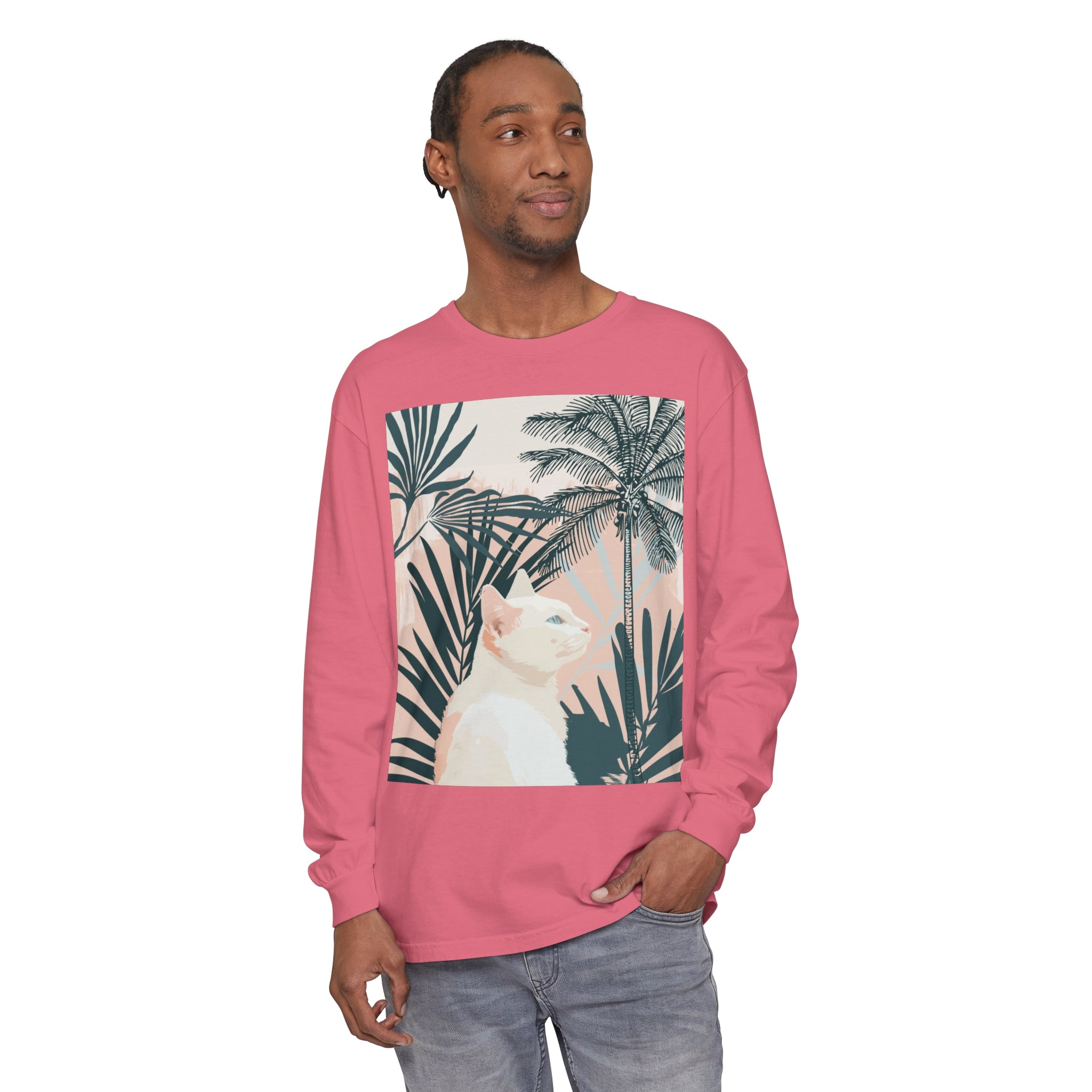 White Cat Tropical Mandala Long Sleeve T-Shirt featuring a colorful, intricate design