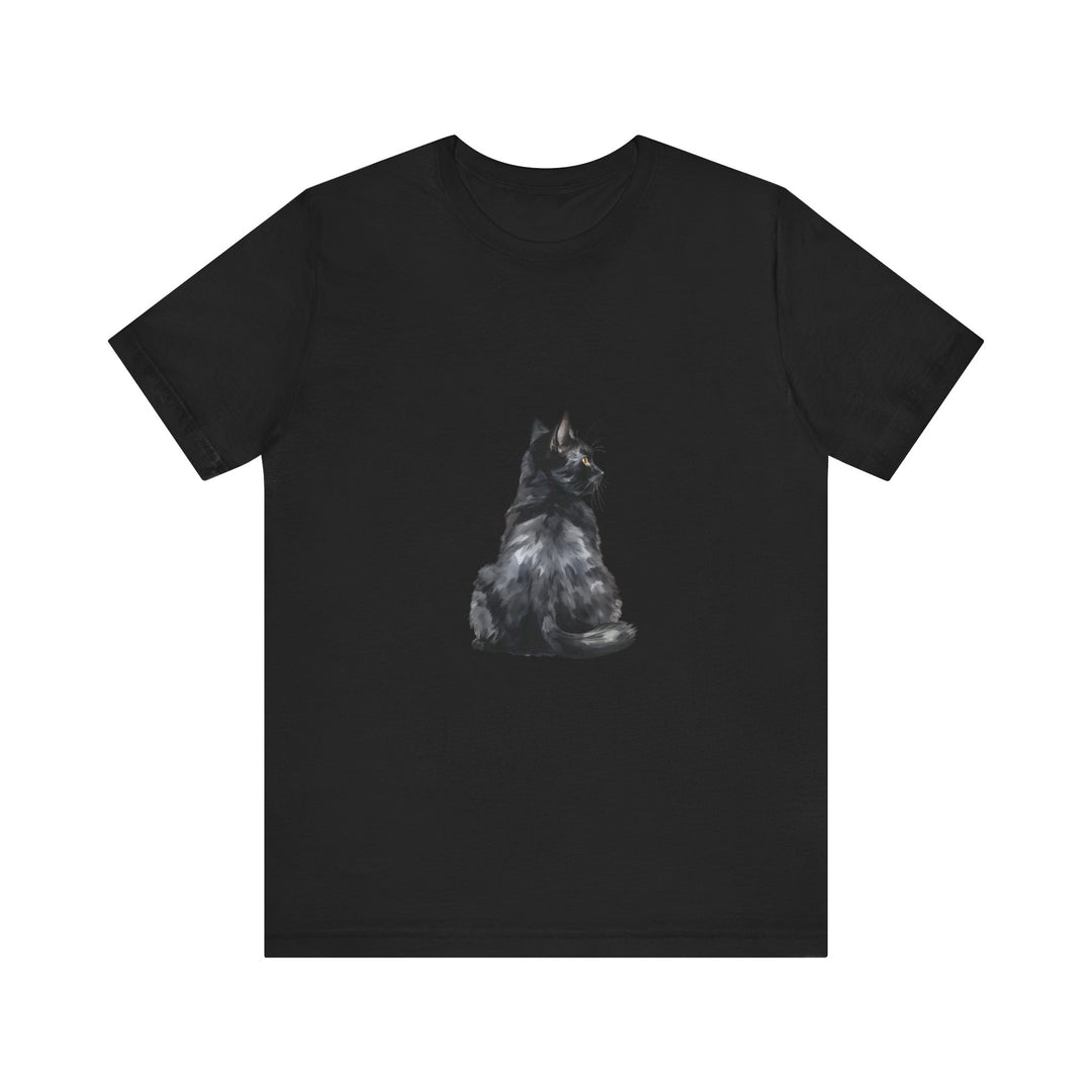 A black t-shirt with a mystical and mysterious black cat design