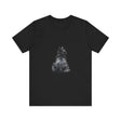 A black t-shirt with a mystical and mysterious black cat design