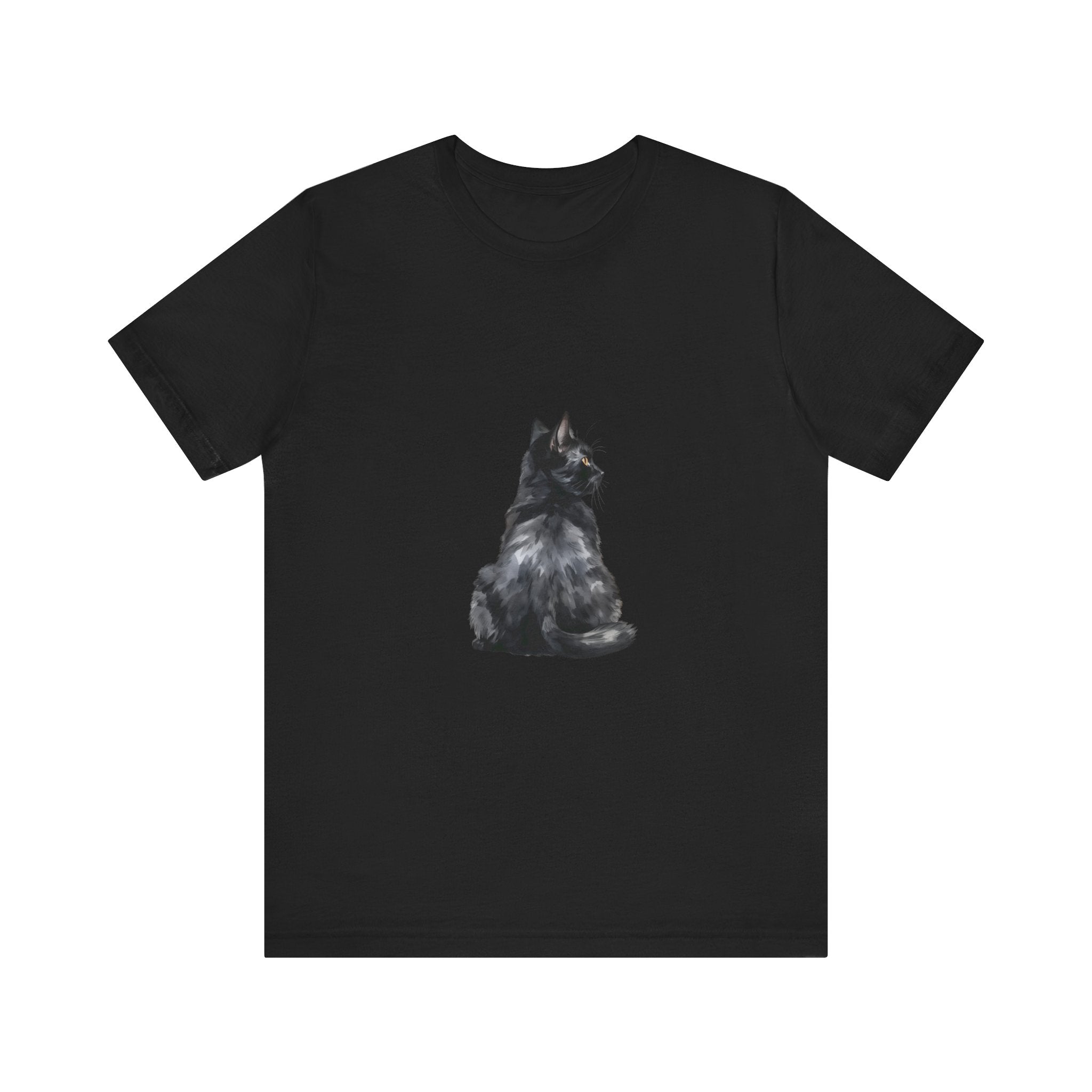 A black t-shirt with a mystical and mysterious black cat design