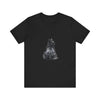 A black t-shirt with a mystical and mysterious black cat design