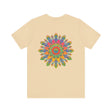 Colorful and intricate psychedelic mandala design on a t-shirt promoting spiritual peace and serenity