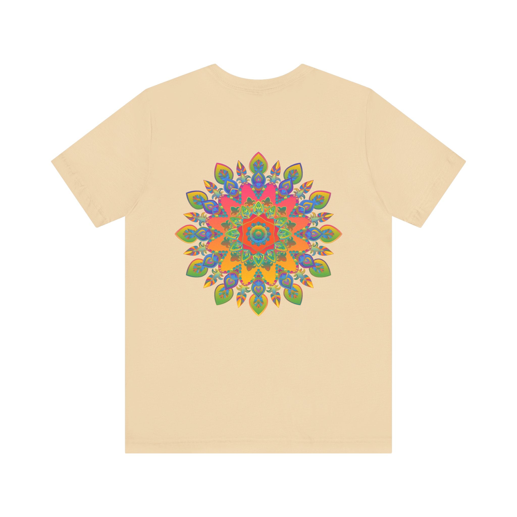 Colorful and intricate psychedelic mandala design on a t-shirt promoting spiritual peace and serenity