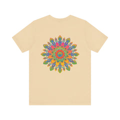 Colorful and intricate psychedelic mandala design on a t-shirt promoting spiritual peace and serenity