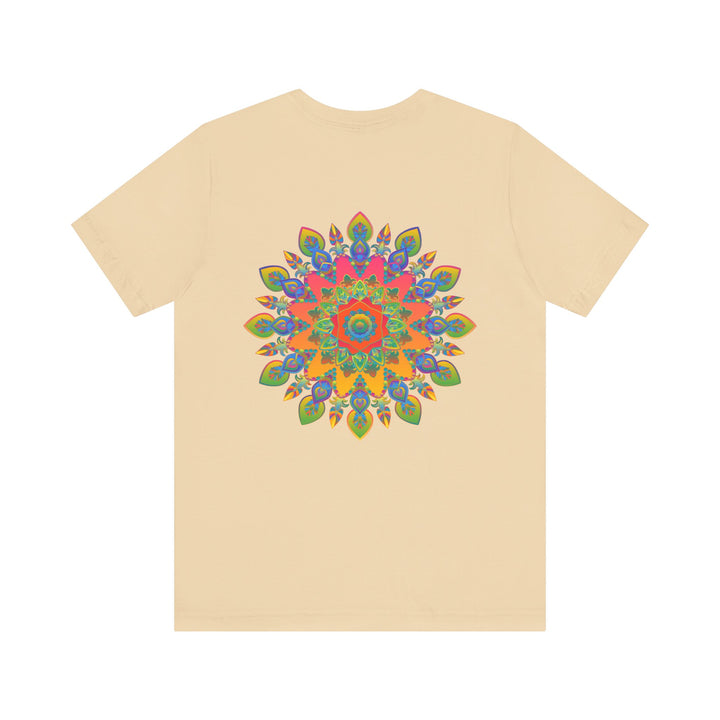 Colorful and intricate psychedelic mandala design on a t-shirt promoting spiritual peace and serenity