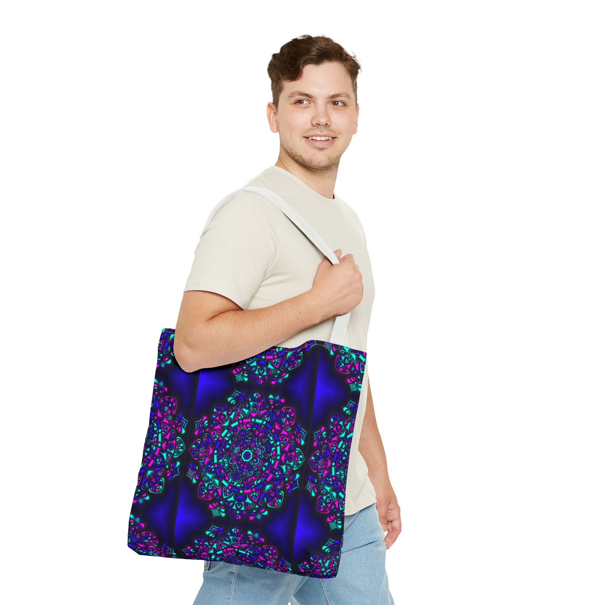 Kaleidoscope Mandala Tote Bag — Vibrant Neon Floral Pattern