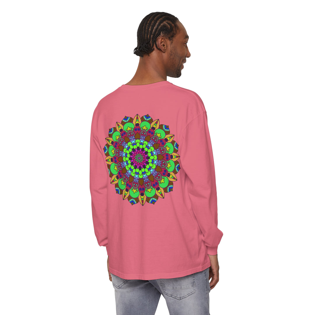 Colorful Mandala Unisex Long Sleeve T-Shirt featuring vibrant, intricate design perfect for casual, everyday wear