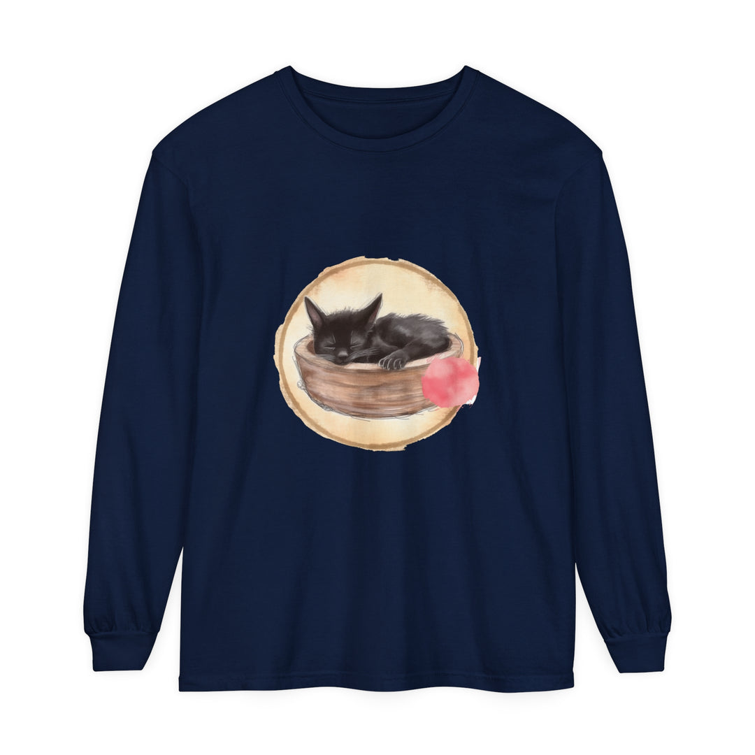 Watercolor illustration of a cute sleeping cat in a bowl on a long sleeve t-shirt