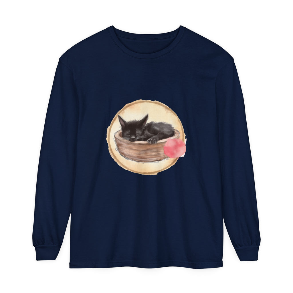 Watercolor illustration of a cute sleeping cat in a bowl on a long sleeve t-shirt