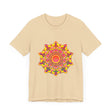 A close-up image of a vibrant mandala tee, featuring intricate spiritual art