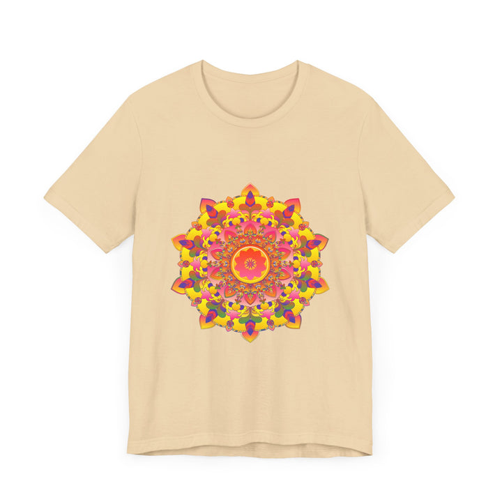 A close-up image of a vibrant mandala tee, featuring intricate spiritual art