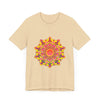 A close-up image of a vibrant mandala tee, featuring intricate spiritual art