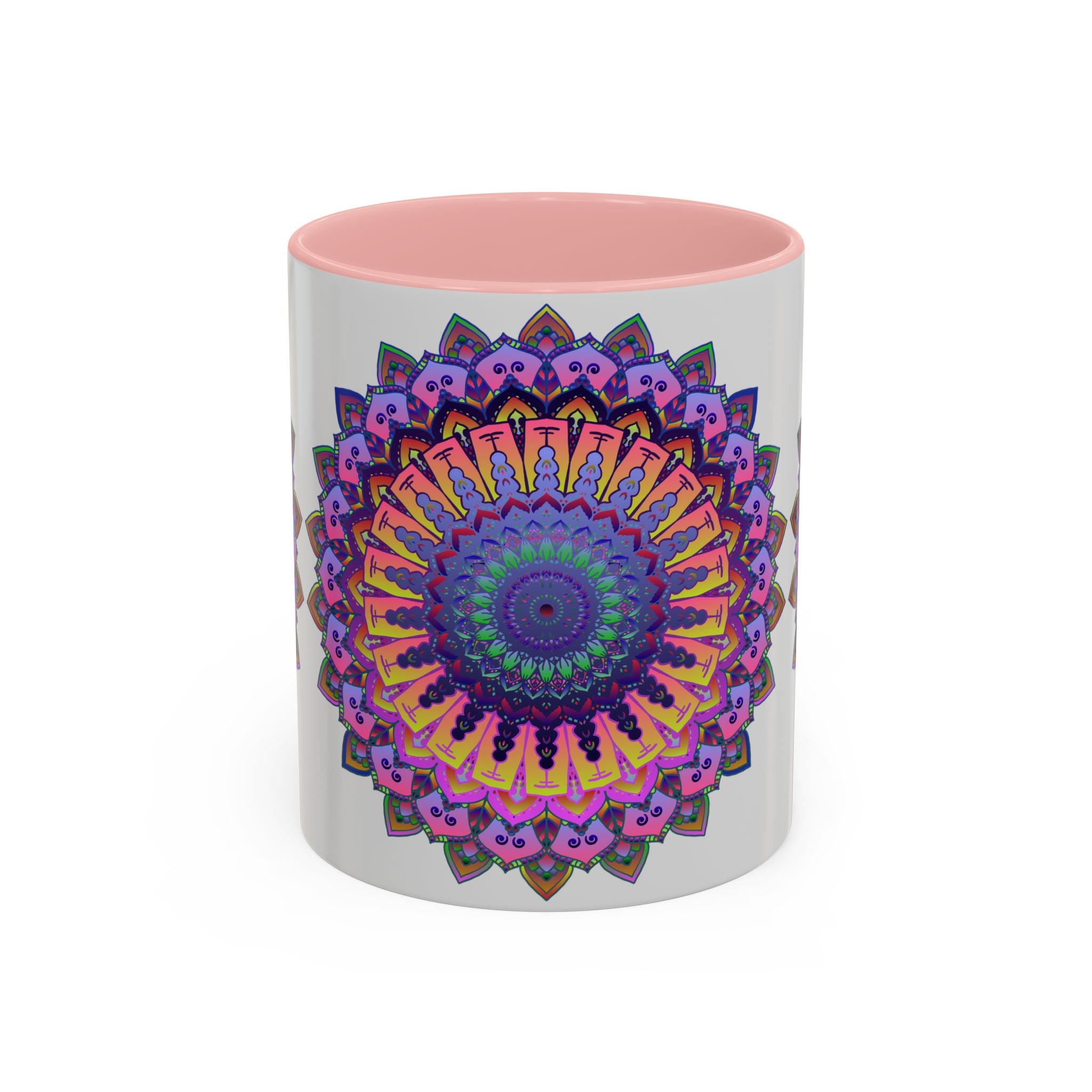 A grey ceramic mug with a vibrant mandala design, featuring intricate patterns and bright colors