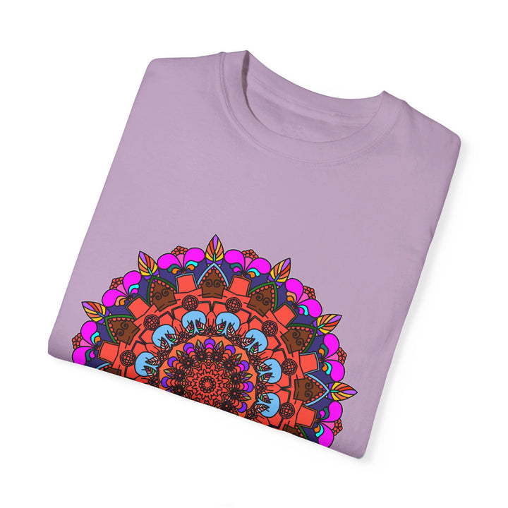 Unisex mandala t-shirt made from 100% ring-spun cotton, featuring hand-drawn mandala art and garment-dyed for extra comfort