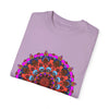 Unisex mandala t-shirt made from 100% ring-spun cotton, featuring hand-drawn mandala art and garment-dyed for extra comfort