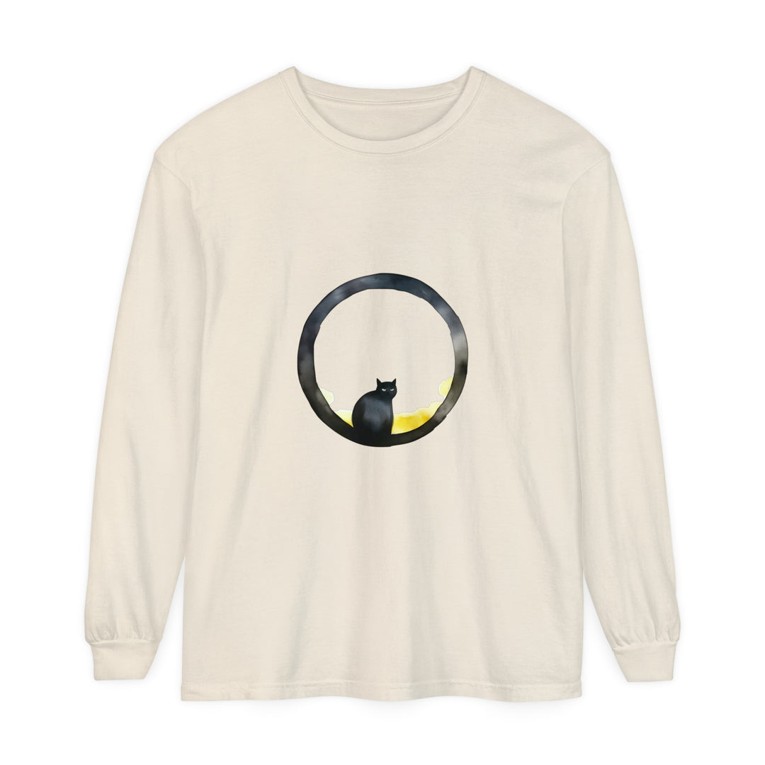 Stunning black cat silhouette against a glowing moon on a long sleeve t-shirt