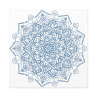 Handmade Mandala Art featuring a beautiful Steel Blue design on a Matte Canvas, Stretched and measuring 125 inches - perfect for adding a touch of elegance to any wall space