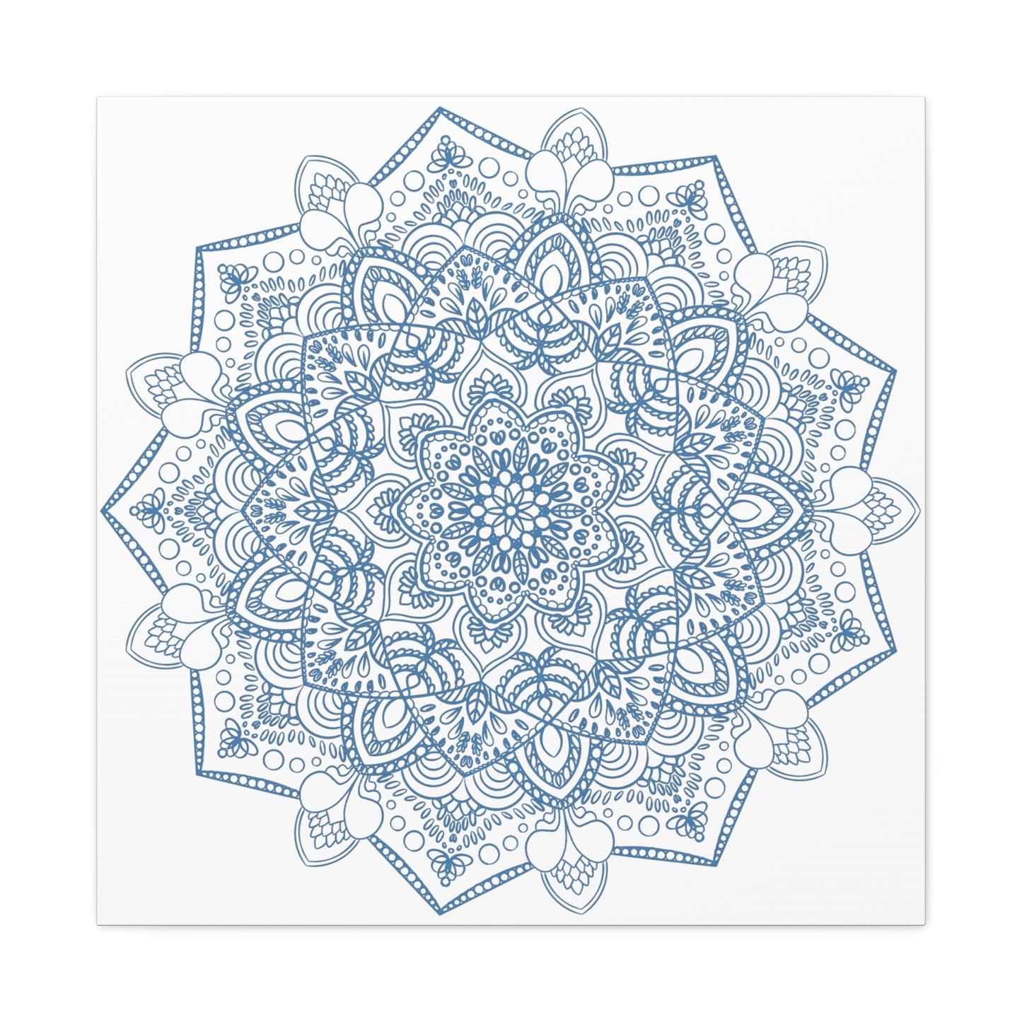 Handmade Mandala Art featuring a beautiful Steel Blue design on a Matte Canvas, Stretched and measuring 125 inches - perfect for adding a touch of elegance to any wall space