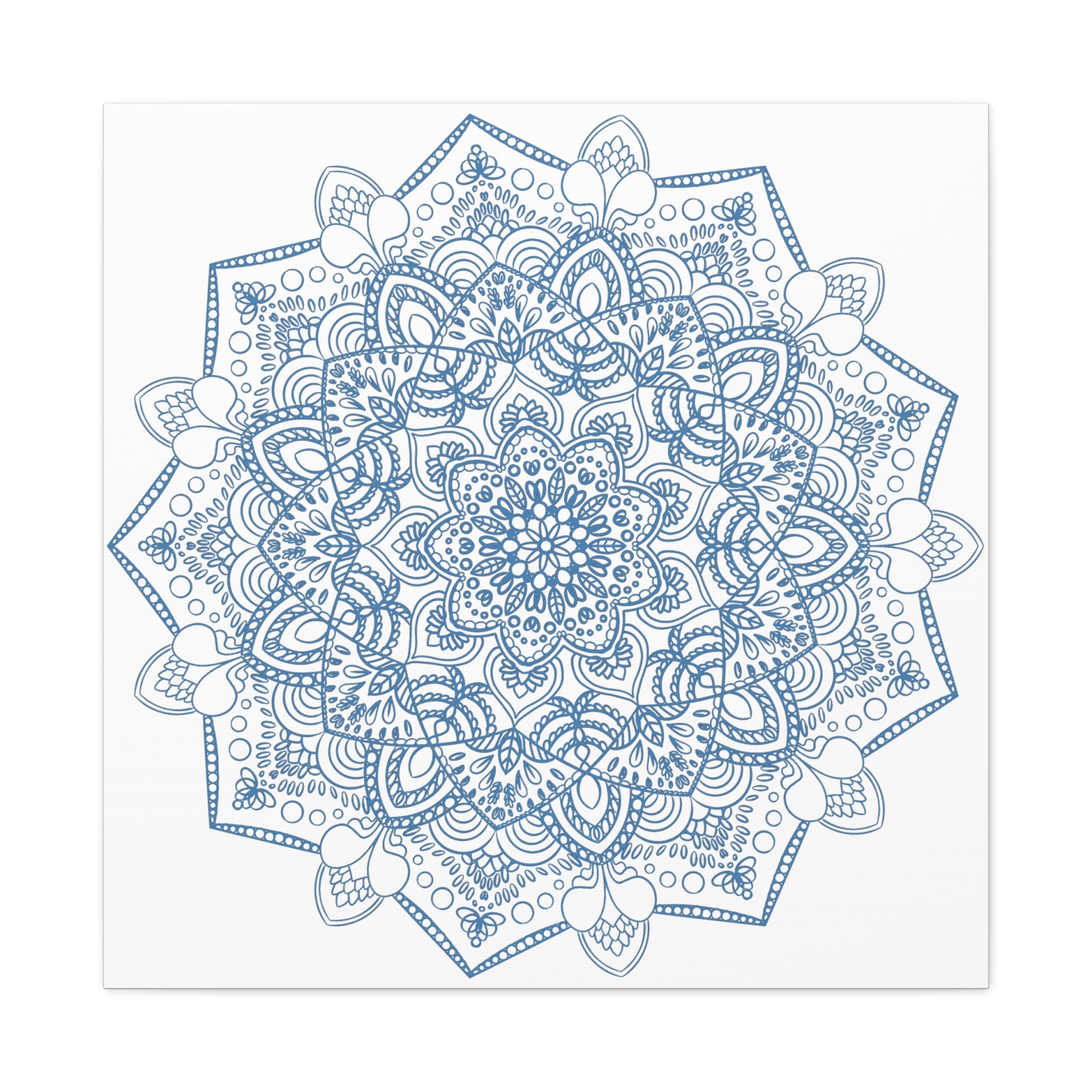 Handmade Mandala Art featuring a beautiful Steel Blue design on a Matte Canvas, Stretched and measuring 125 inches - perfect for adding a touch of elegance to any wall space