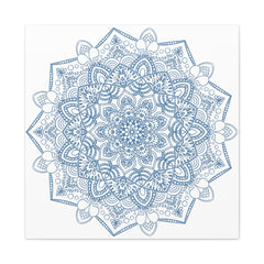 Handmade Mandala Art featuring a beautiful Steel Blue design on a Matte Canvas, Stretched and measuring 125 inches - perfect for adding a touch of elegance to any wall space