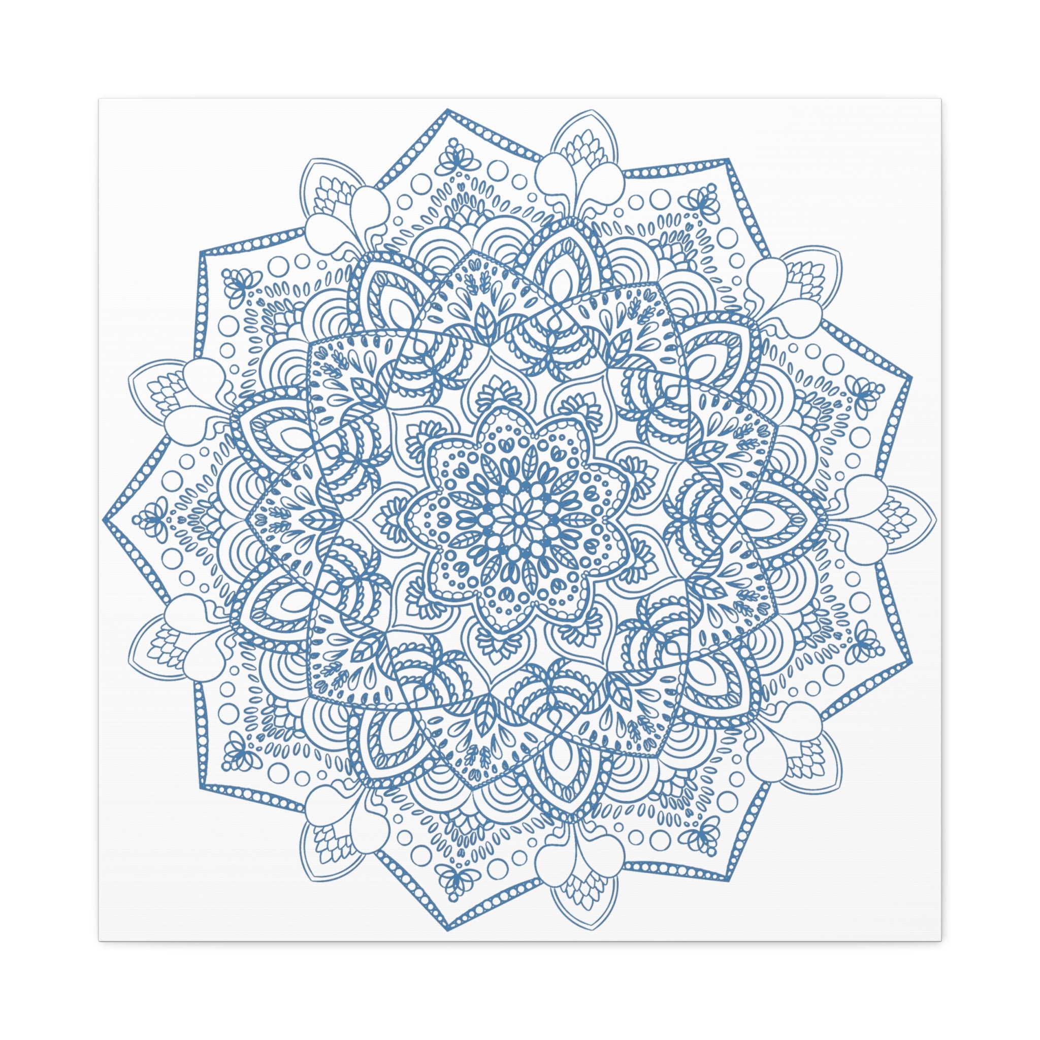 Handmade Mandala Art featuring a beautiful Steel Blue design on a Matte Canvas, Stretched and measuring 125 inches - perfect for adding a touch of elegance to any wall space