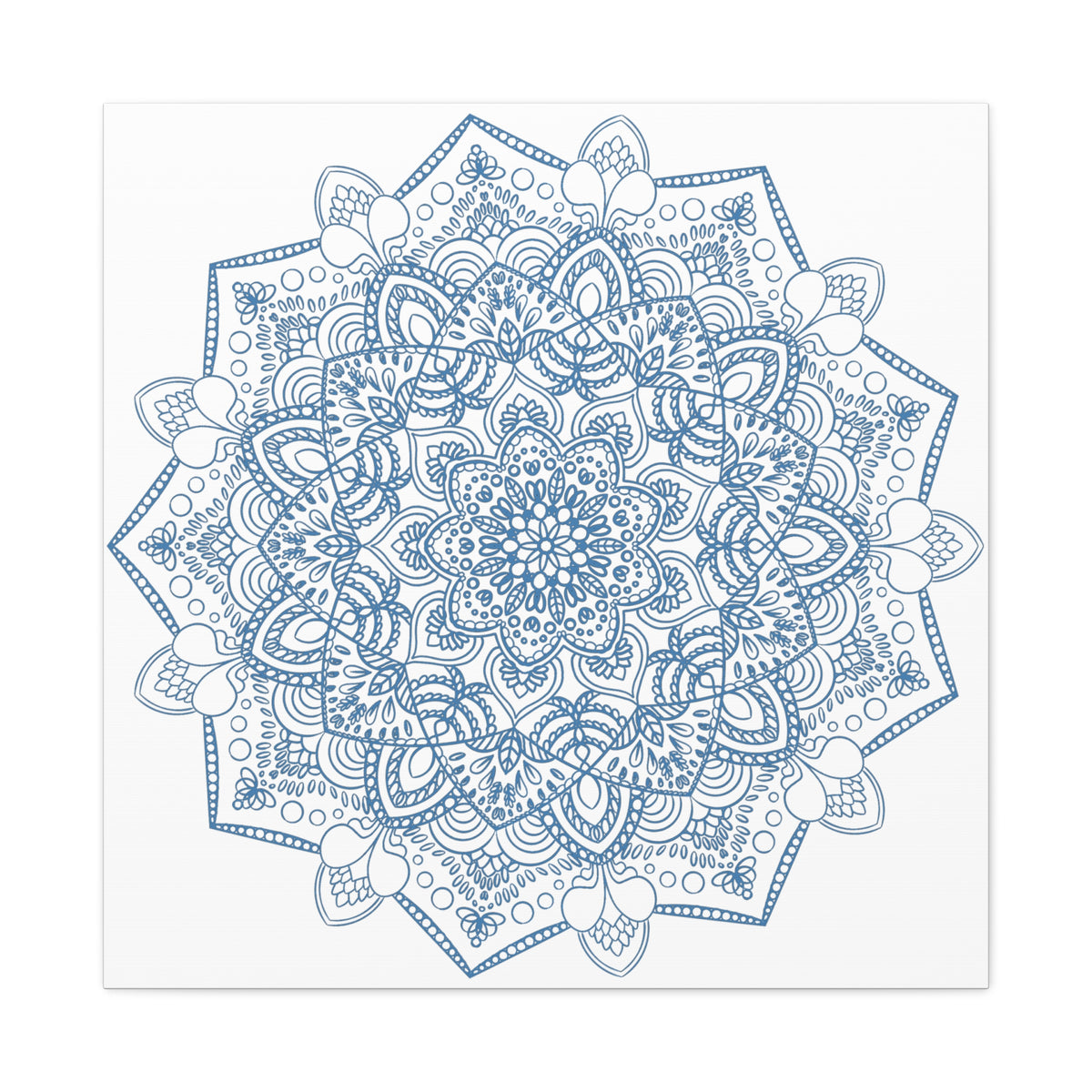 Handmade Mandala Art featuring a beautiful Steel Blue design on a Matte Canvas, Stretched and measuring 125 inches - perfect for adding a touch of elegance to any wall space