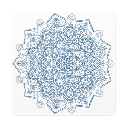 Handmade Mandala Art featuring a beautiful Steel Blue design on a Matte Canvas, Stretched and measuring 125 inches - perfect for adding a touch of elegance to any wall space