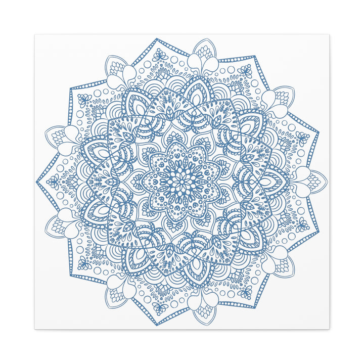 Handmade Mandala Art featuring a beautiful Steel Blue design on a Matte Canvas, Stretched and measuring 125 inches - perfect for adding a touch of elegance to any wall space