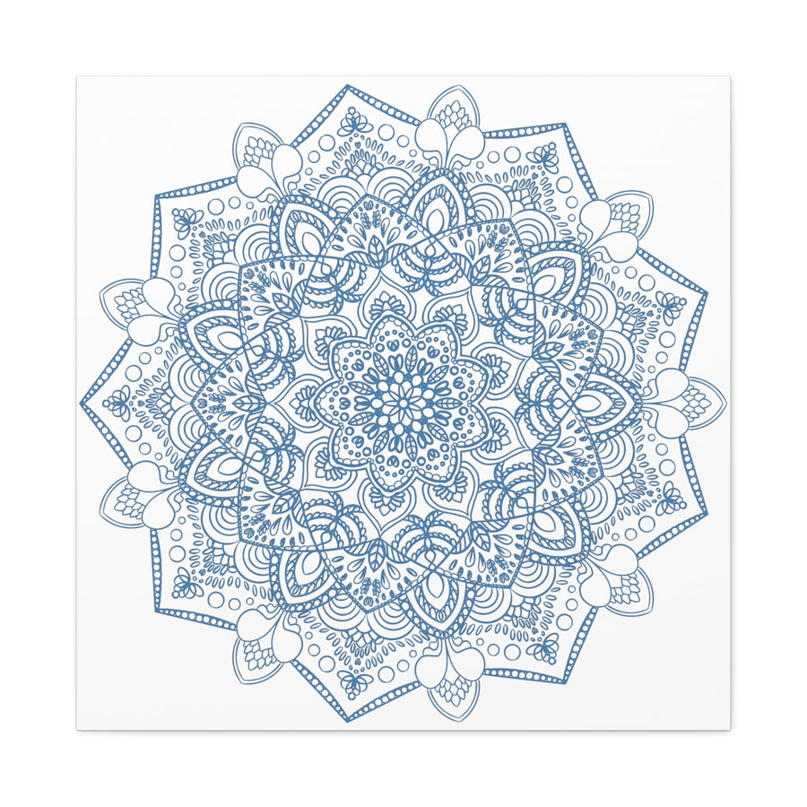 Handmade Mandala Art featuring a beautiful Steel Blue design on a Matte Canvas, Stretched and measuring 125 inches - perfect for adding a touch of elegance to any wall space