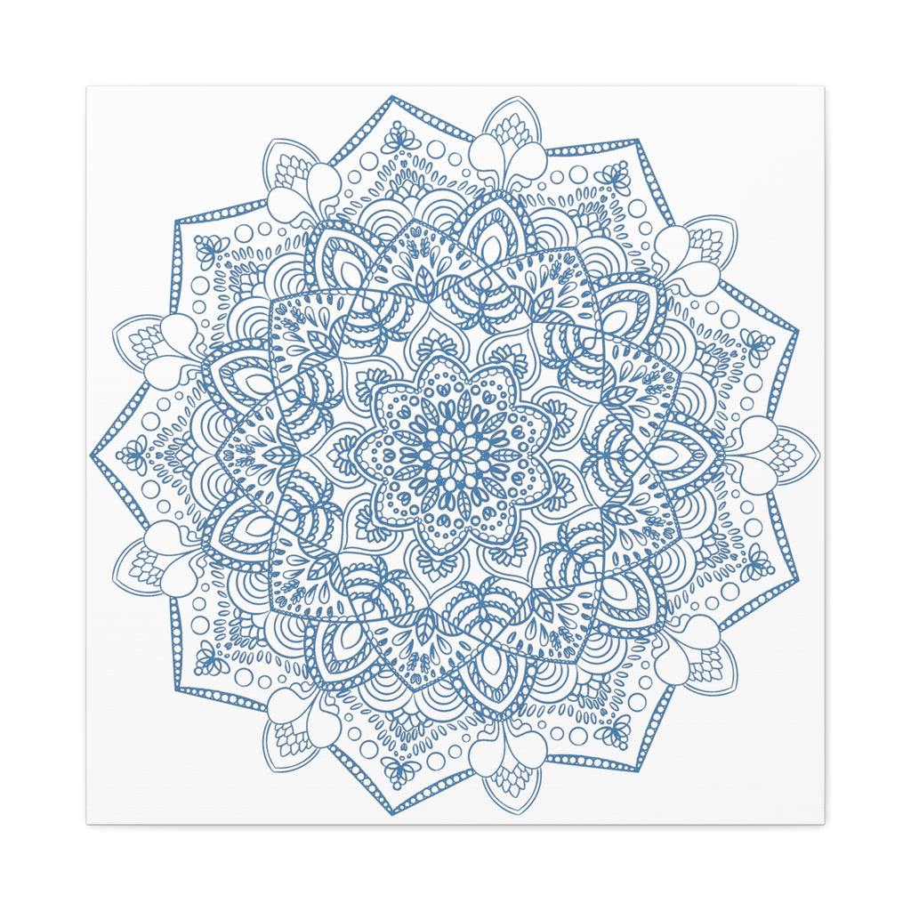 Handmade Mandala Art featuring a beautiful Steel Blue design on a Matte Canvas, Stretched and measuring 125 inches - perfect for adding a touch of elegance to any wall space