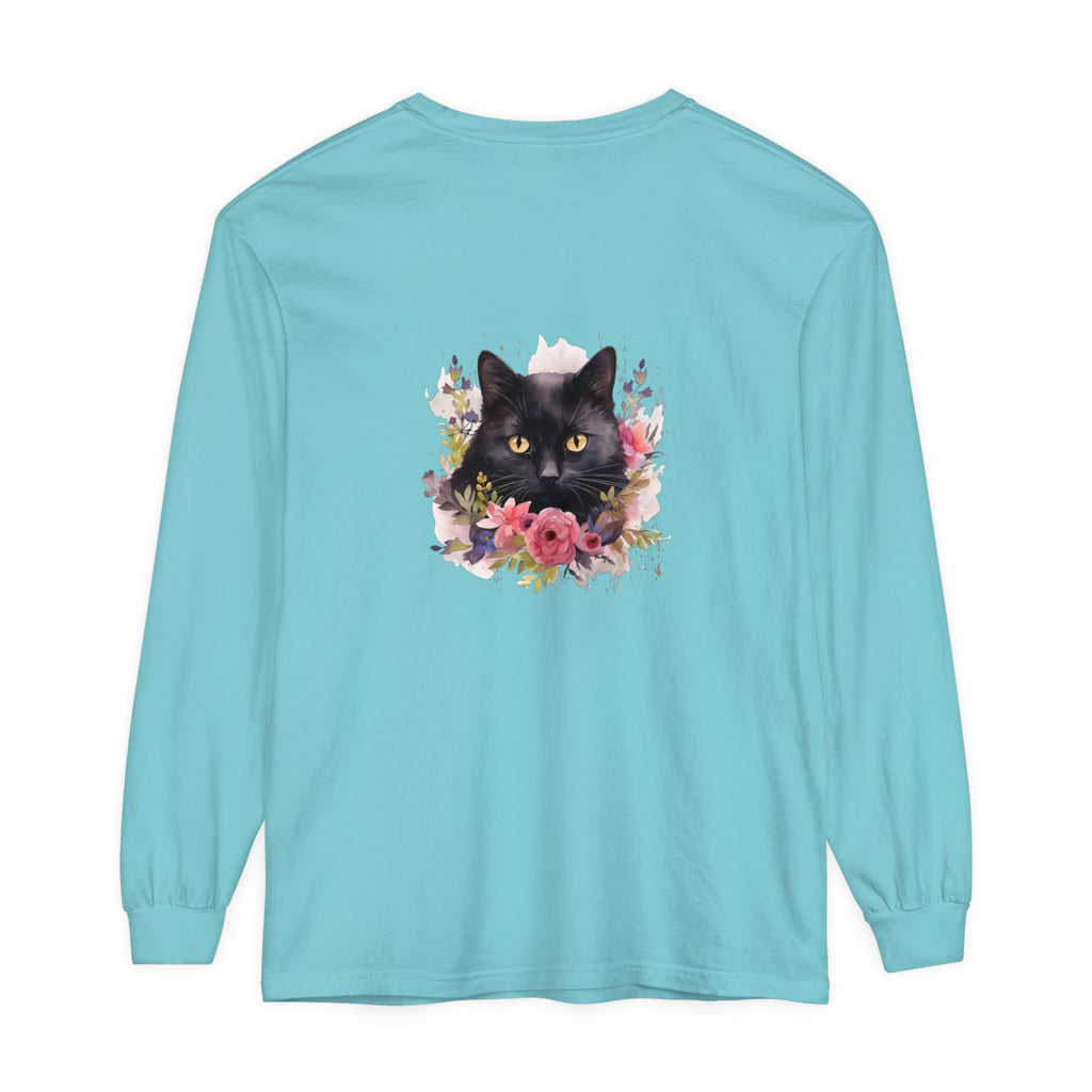 Beautiful black cat and floral watercolor design long sleeve t-shirt