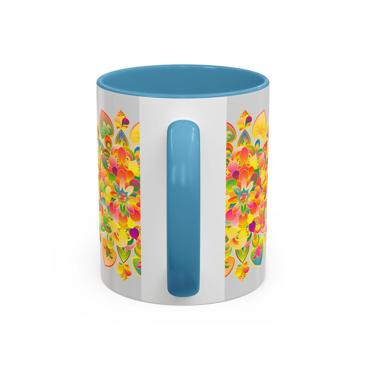 Beautiful ceramic mug featuring a vibrant mandala art design with colorful floral patterns, perfect for enjoying your favorite hot beverage