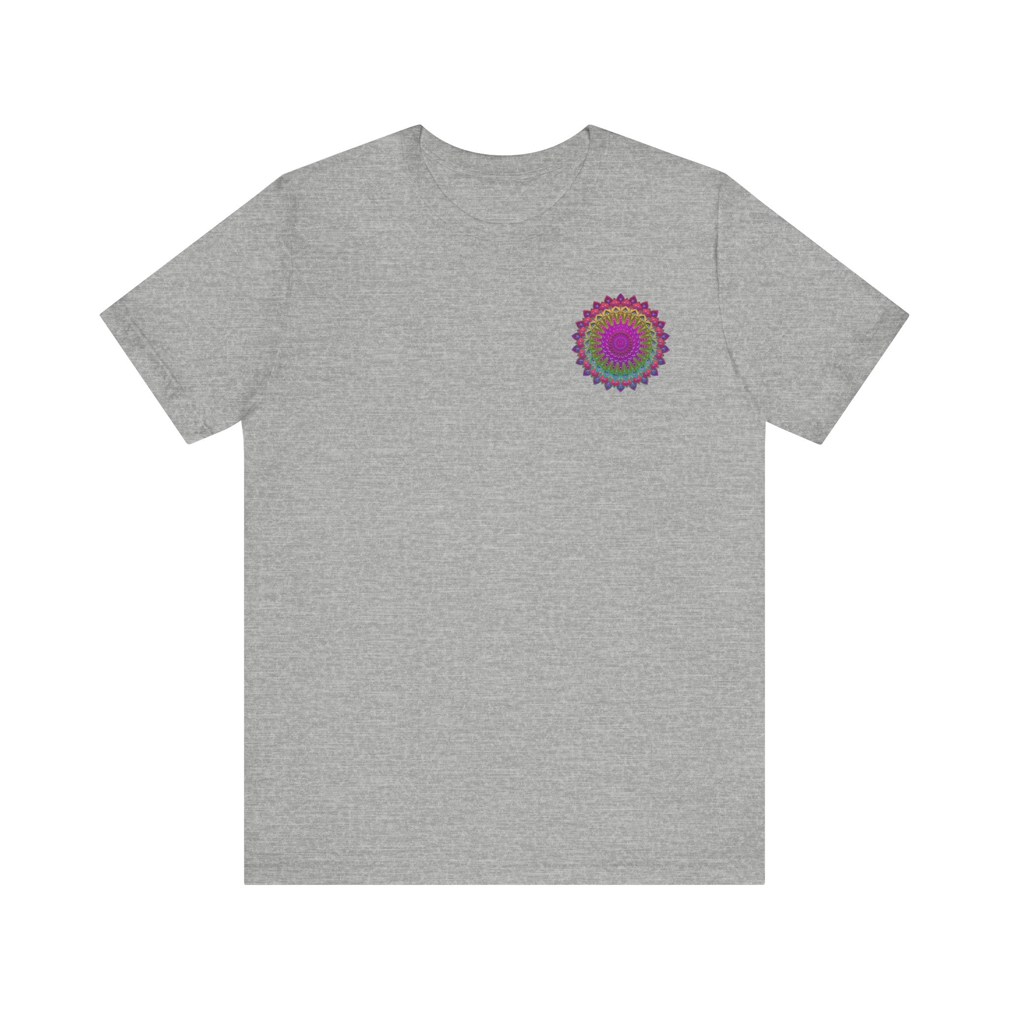 A close-up image of a vibrant mandala tee featuring intricate designs symbolizing spiritual peace and harmony, perfect for those seeking a sense of tranquility and balance in their lives