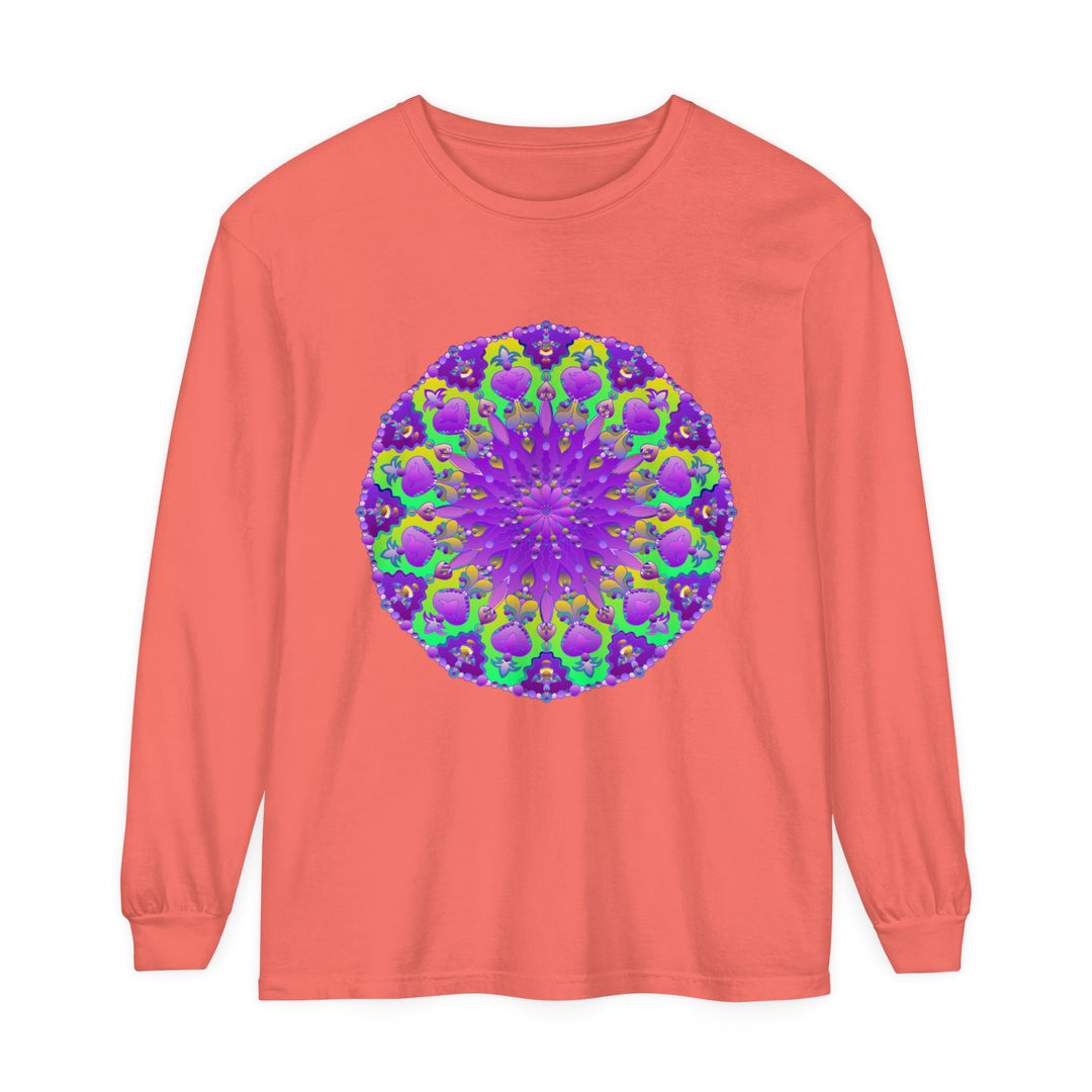 Vibrant purple and green mandala design adorns this stylish long sleeve t-shirt