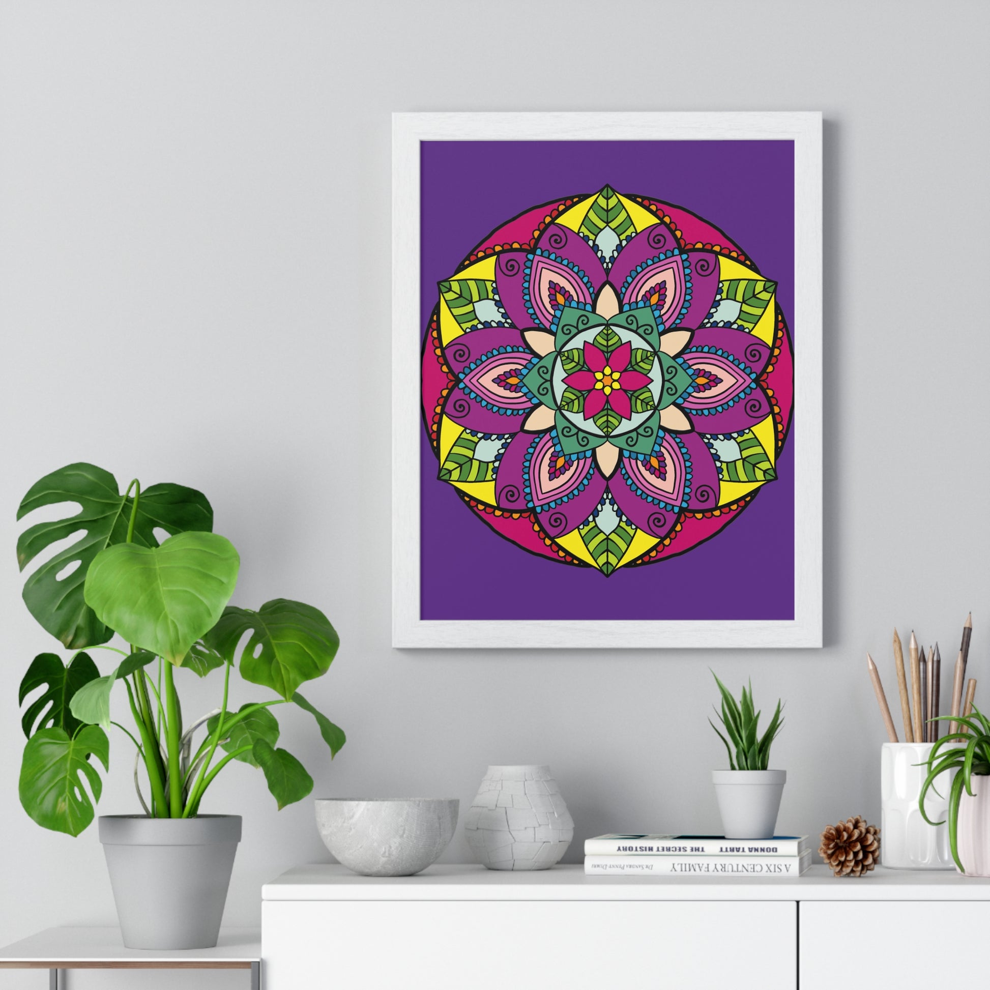 Beautiful hand-drawn purple mandala art poster framed vertically for mindfulness and yoga practice