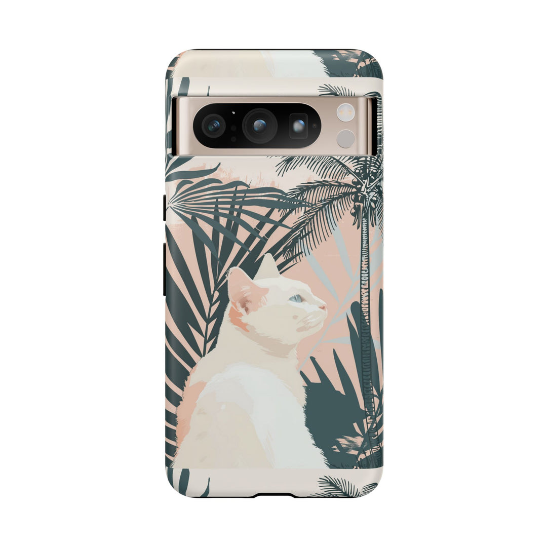 Tropische Katzen-Telefonhülle mit üppigen Palmenmotiven und sanften Pastelltönen
