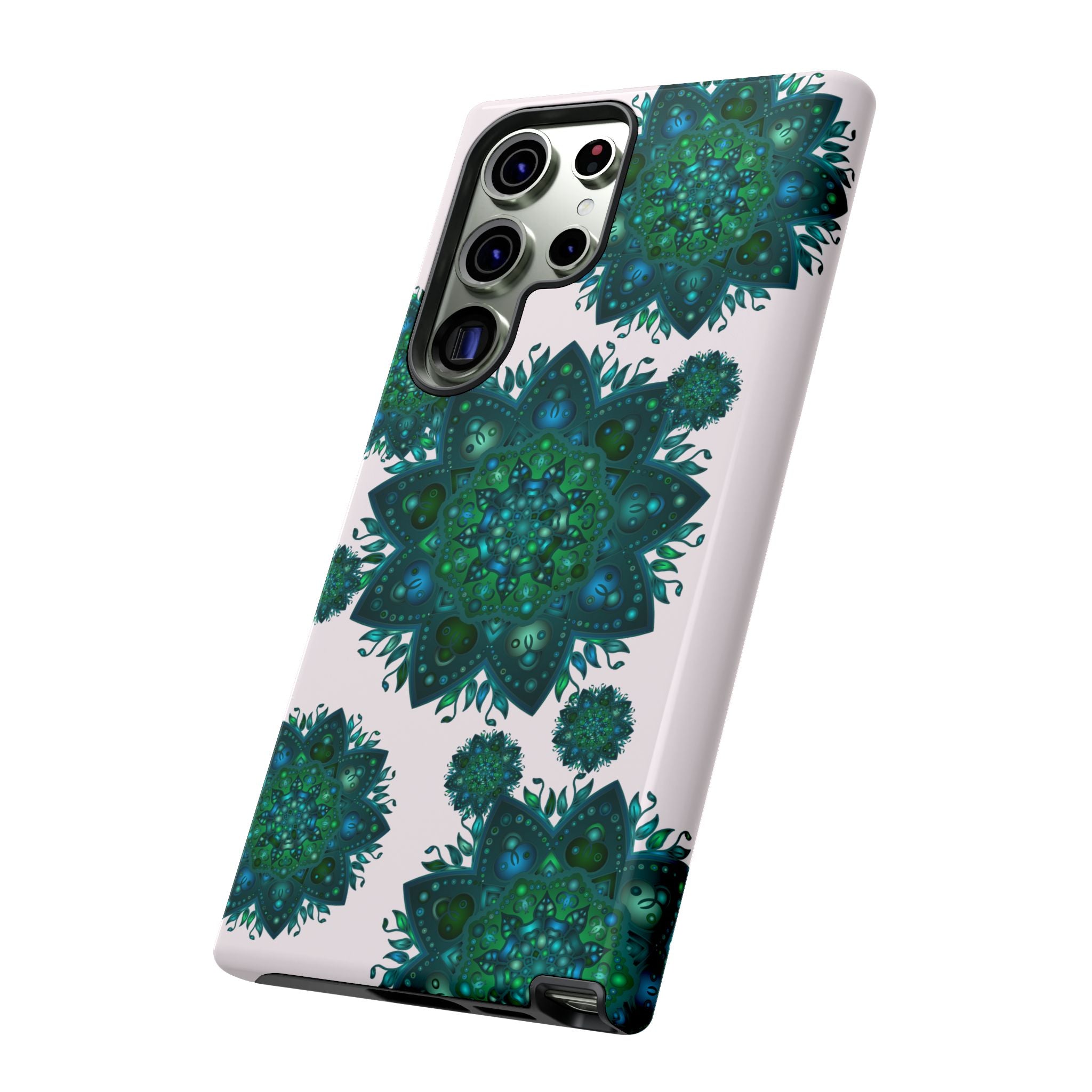 Beautiful light pink and green mandala phone case with peaceful and intricate design