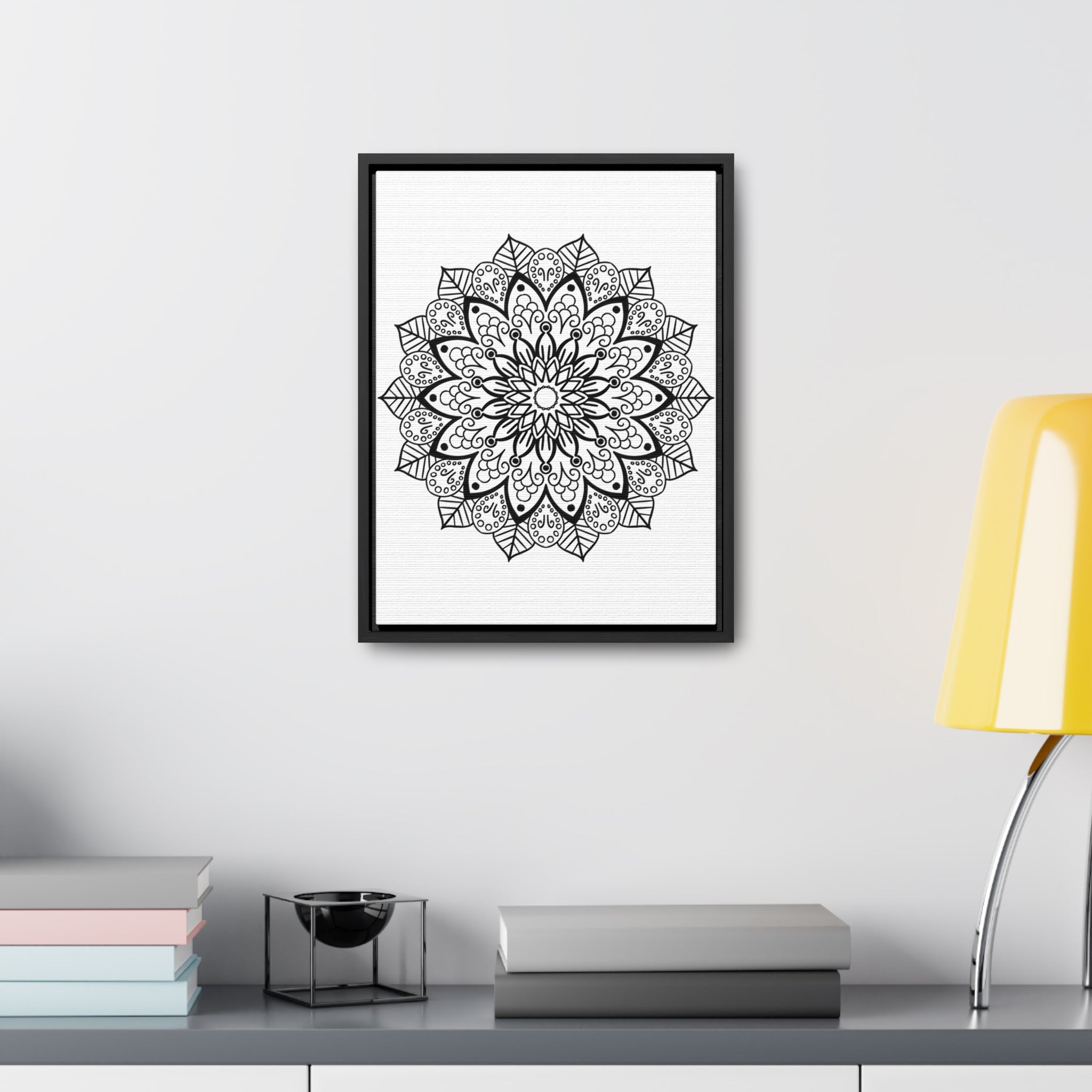 Handmade black and white mandala art on gallery canvas wraps with vertical frame for wall decor