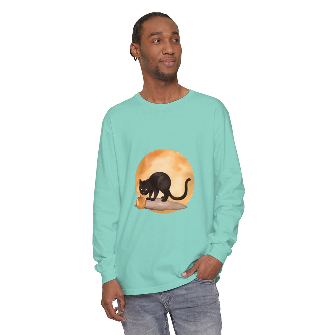 A spooky black cat with glowing eyes and a full moon on a Halloween-themed t-shirt