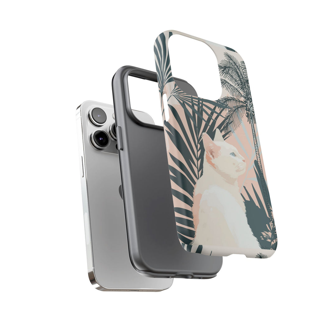 Tropische Katzen-Telefonhülle mit üppigen Palmenmotiven und sanften Pastelltönen