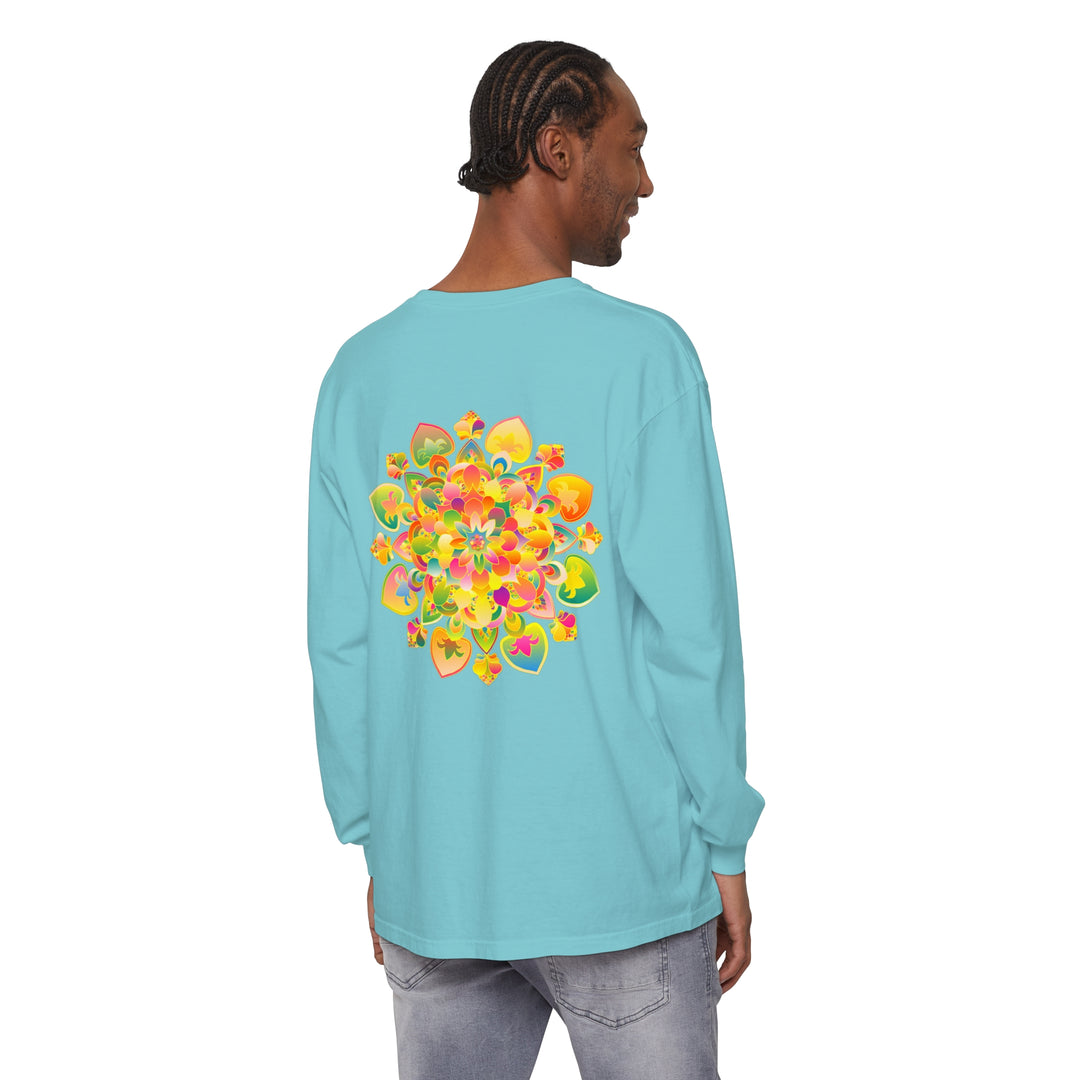 Colorful, intricate, and vibrant psychedelic mandala design printed on a long sleeve T-shirt