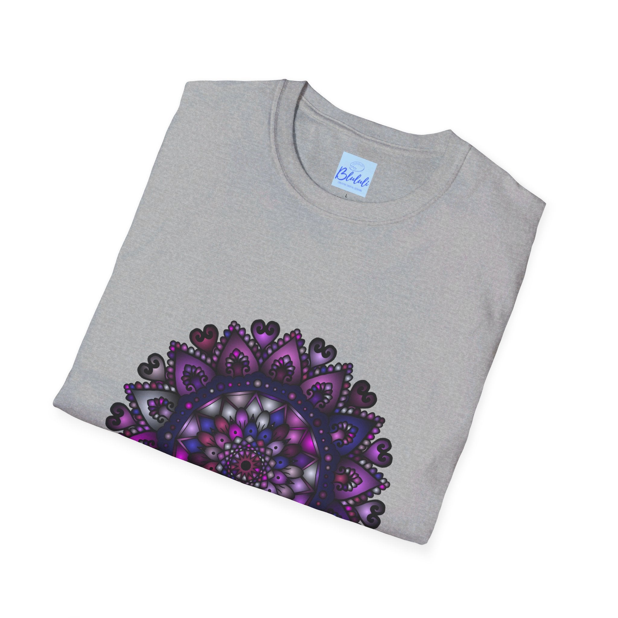 Softstyle unisex t-shirt featuring a purple mandala art hand-drawn design