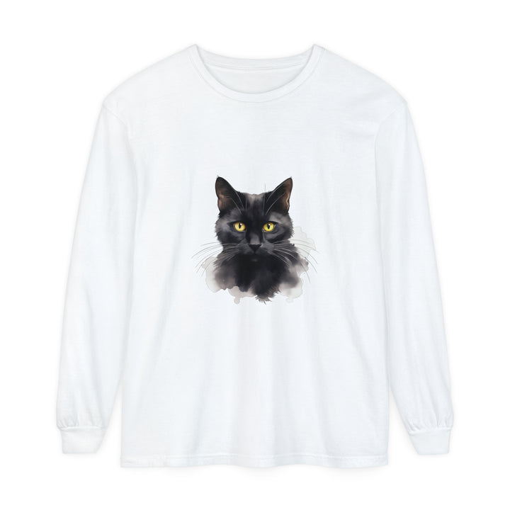 Black Cat Portrait Unisex Long Sleeve T-Shirt with Intricate Design and Comfortable Fit for Men and Women