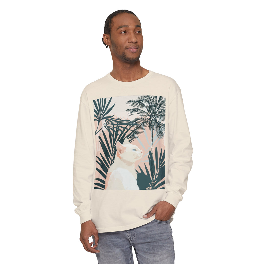 A long sleeve white t-shirt featuring a tropical mandala design with a white cat